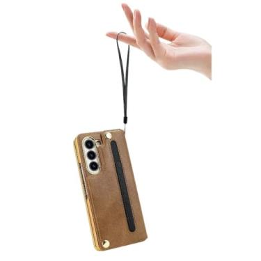 Imagem de Capa tipo carteira de couro com compartimento para caneta e alça de pulso para Samsung Galaxy Z Fold 6 5 4 Fold6 Fold5 Fold4 Capa com revestimento para cartão, preta, para Samsung Galaxy Z Fold6