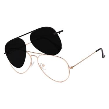 Imagem de Óculos de Grau Aviador com Clip On Solar, Armação Preta, Unissex (Dourado)