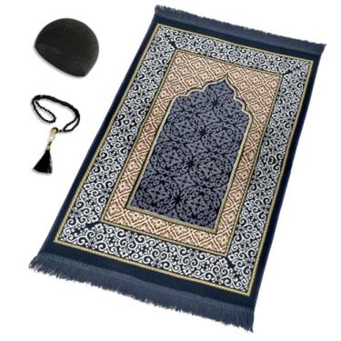 Imagem de Conjunto de tapete de oração islâmica de veludo (tapete de oração grosso - 99 contas de oração Tasbih - chapéu Kufi de algodão preto) Presente Eid e Ramadã para muçulmanos (azul)