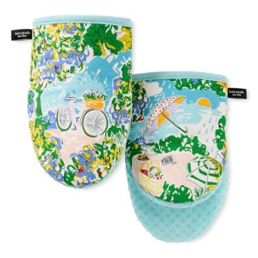 Imagem de Kate Spade New York Conjunto de 2 mini luvas de forno Spring Garden, resistente ao calor, 100% algodão com aderência de silicone antiderrapante impressa, azul/verde/bege, 14 x 20 cm