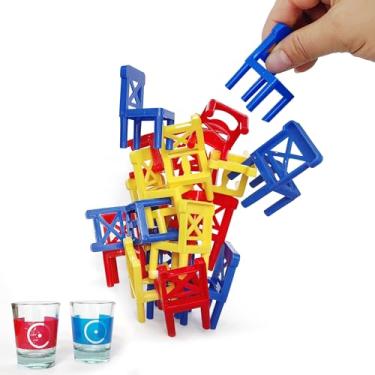 Imagem de XLFFC Mini cadeiras de equilíbrio empilháveis copos de shot para adultos, desafios engraçados de festa em casa para noite de jogos, 2 copos e 18 mini cadeiras
