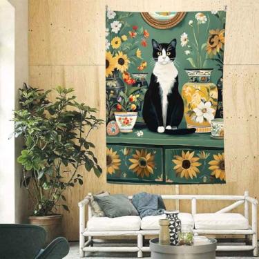 Imagem de Linda tapeçaria de gato floral verde sálvia vaso feminino 101,6 x 152,4 cm tapeçaria estética decoração de parede preto branco gato flores planta imagem vintage impressão pintura tapeçaria de parede