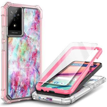 Imagem de WDHD Capa de telefone projetada para TCL 50 LE/K23/K24 (T434D T434W) com protetor de tela de vidro temperado, capa protetora completa à prova de choque resistente (design de mármore rosa fantasia)