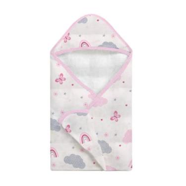 Imagem de Toalha de Banho Bebê Fralda com Touca Rosa Arco Íris - Neném na Nuvem