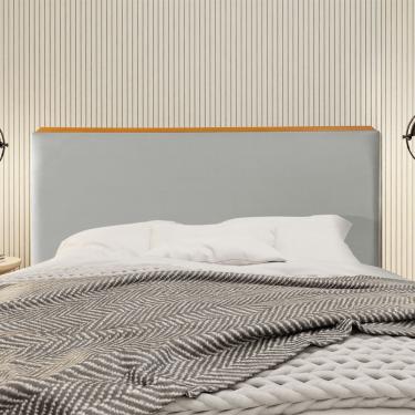Imagem de Cabeceira Cama Box King Estofada Detalhe em Madeira Java Veludo Cinza Claro