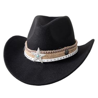 Imagem de Jastore Chapéu de cowboy infantil para meninos meninas chapéu de vaqueira ocidental com cinto de fivela de estrela unissex chapéu Fedora de aba larga fantasia, Preto, 6-12 Years