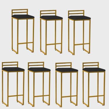 Imagem de Kit 07 Banqueta Alta Com Encosto Petra Balcão Bar Cozinha Bistrô Ferro Dourado Corino Preto - Ahz Móveis