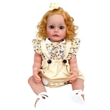 Imagem de Boneca Realista com Cabelos Cacheados Loiros, Vestido Floral e Jardineira Bege, Acessórios Inclusos