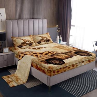 Imagem de Manfei Jogo de cama Queen com estampa de pele de girafa, retrô, caminhão, decoração de quarto de meninos e meninas, animais selvagens, rústico, casa de fazenda, marrom e preto, 4 peças (elástico +