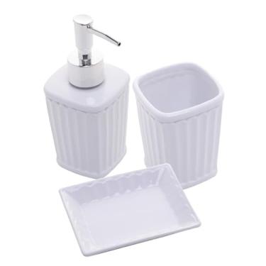 Imagem de LYOR - Conjunto 3 Peças para Banheiro de Cerâmica Antibes Branco - 1 Porta Sabonete Líquido, 1 Saboneteira e 1 Porta escova de dentes