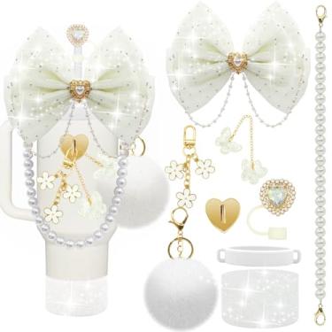 Imagem de LBU Acessórios de copo Bling Stanley para copo de 40/30/567 g com alça, incluindo topo de palha com laço de glitter, capa de canudo de coração, alça de alça de garrafa de água pérola, bota, pompom