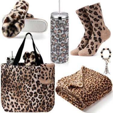 Imagem de FillTouch Conjunto de 6 peças de presentes de leopardo para mulheres, inclui cheetah, cobertor, meias, chinelos, sacola, chaveiro, pulseira, pulseira, leopardo, presentes temáticos para o dia das mães