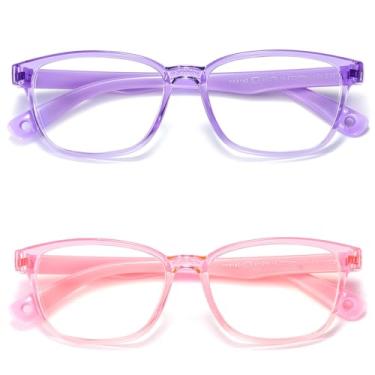 Imagem de AHXLL Óculos de bloqueio de luz azul para crianças, pacote com 2, antifadiga ocular e proteção UV, óculos de telefone para jogos de computador para meninos e meninas de 3 a 9 anos (roxo transparente + rosa transparente)