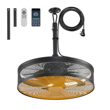 Imagem de AHAWILL Ventilador De Gazebo Com Controle Remoto, Ventiladores De Teto Externos Com Luzes Para Garagem, Ventilador De Teto Portátil Plug-In, Com 6 Velocidades E 3 Cores De Luz, Gancho Para Pendurar