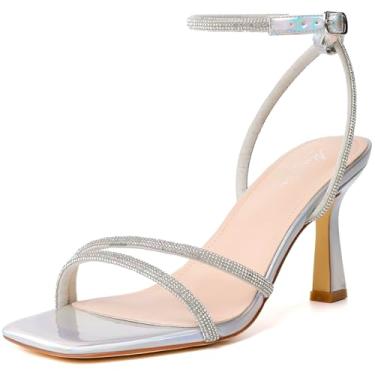 Imagem de Mostrin Sandálias femininas com tiras de salto alto com tira no tornozelo com cadarço, salto quadrado aberto nos dedos do pé, sandálias de salto alto para formatura, festa, uso diário, Lh07 - prata