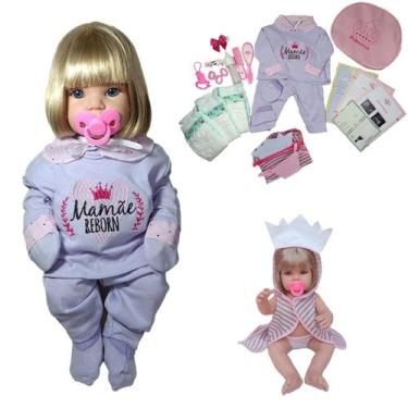 Imagem de Boneca Bebê Mamãe Reborn Silicone Bolsa + 28 Itens Lilás
