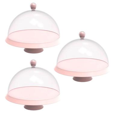 Imagem de Kit 3 Porta Bolos Tortas 25cm Rosa com Cúpula e Pé Café Hotel Padaria Bubble Crippa