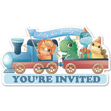 Imagem de Opomzk Convites de festa de dinossauro com envelopes, 20 conjuntos de convites em forma de trem de dinossauro aniversário chá de bebê convites suprimentos lembrancinhas, dupla face