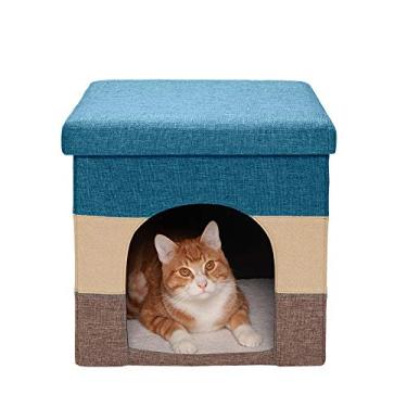 Imagem de Furhaven Casa de Cachorro e Gato – Banquinho para pés otomano dobrável para sala de estar e condomínio para gatos e cães pequenos, listrado de casa de praia (marrom e azul), pequeno