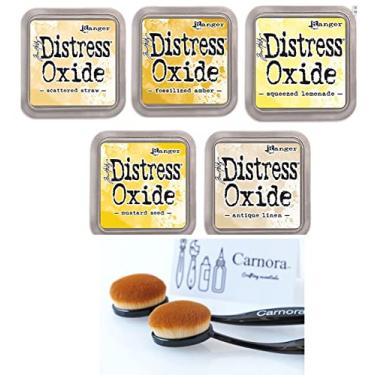 Imagem de Tim Holtz Tinta de óxido Ranger Distress, 5 tons de amarelo, canudo disperso, âmbar fossilizado, limonada espremida, semente de mostarda, linho antigo, 5 tintas no total, 2 pincéis de mistura de tinta