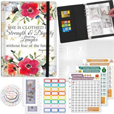 Imagem de Fichário de desafio para economia de dinheiro com 100 envelopes, fichário de orçamento A5 com 25 envelopes para dinheiro, 3 rastreadores laminados reutilizáveis economizando US$ 5050, $ 500