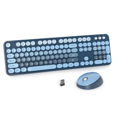 Imagem de Ussixchare Teclado e mouse sem fio azul, lindo combo de teclado e mouse, teclado de máquina de escrever de tamanho completo com teclado numérico, teclado colorido para PC, laptop