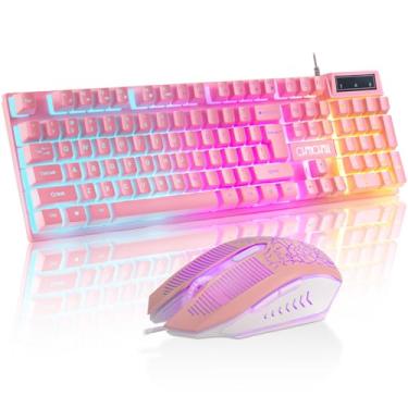 Imagem de CHONCHOW Conjunto de teclado e mouse rosa para jogos com LED, teclado iluminado com 104 teclas com fio e mouse colorido para PC, laptop, PS4 Xbox, 19 teclas anti-fantasma, teclas multimídia, teclado