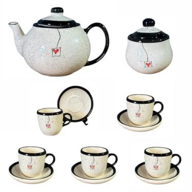 Imagem de Conjunto Para Tomar Café Com Bule Açúcareiro e 5 Xícaras Com Pires