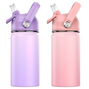 Imagem de ACESAK Garrafa de água infantil isolada de 400 ml com tampa de canudo – Copo infantil de aço inoxidável 18/8 para viagem, parede dupla, à prova de vazamento, portátil, garrafa de água infantil (rosa +