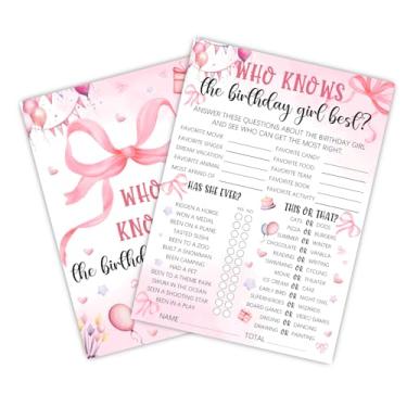 Imagem de MUZRUYOU Who Knows The Birthday Girl Best, Pink Party Game Card Set, 4 * 6 inch, Pink Bow Theme Girls Sleepover Party Supplies, Girls Birthday Night Game Ideas, 20 Pieces