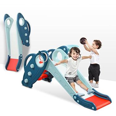 Imagem de Onasti Escorregador Infantil Para Bebês De 1 A 3 Anos, Plástico Áreas Internas E Externas, Conjunto Escalada Independente Com Cesta Basquete Jogo Argolas, Azul