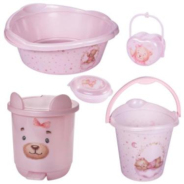 Imagem de Kit banho do bebê 5 peças bacia decorada ludica plasutil + balde + lix
