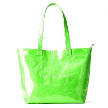 Imagem de KALIDI Sacola de papel Kraft, bolsa de praia de PVC ultra transparente com zíper, bolsa de ombro vintage grande para carregar toda a bolsa de ombro de plástico, Verde neon, L
