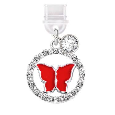 Imagem de ELISE & FONDA TP633 Tipo-C porta de carregamento plugue antipoeira pequeno círculo de cristal pingente de telefone borboleta para iPhone 15/16/Samsung/OnePlus/Xiaomi/oppo telefones Android (vermelho