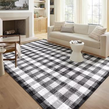 Imagem de COLORPAPA Tapete quadriculado 20 x 25 cm, tapetes laváveis para sala de estar, tapete moderno neutro antiderrapante para quarto, escritório, pátio, sala de jantar (preto e branco)