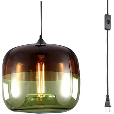 Imagem de SANDYHA Luminária Pendente De Vidro Marrom-Azulada Para Cozinha, Lustre Meados Do Século, Moderna Teto Com Encaixe Ilha, Sala Jantar E Entrada (Âmbar-Verde)