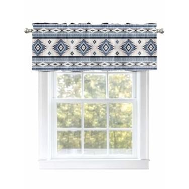 Imagem de Cortina de janela azul boho asteca cortinas de cozinha sanefa bolso para varão tratamento de janela geométrica tribal sudoeste cortinas curtas para cozinha, banheiro, sala de estar, 1 painel, 137 x 45