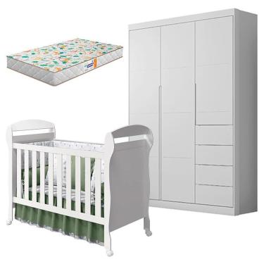 Imagem de Berço Americano Danny E Guarda Roupa Infantil Eloá Branco Acetinado Com Colchão Gazin - Phoenix Baby
