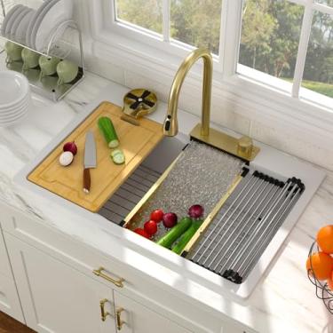 Imagem de Pia de cozinha de cascata de 83 x 55 cm, composta de granito branco, multifuncional, tigela única, montagem superior branca, multifuncional, cachoeira, pias inteligentes com torneira e enxágue de