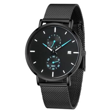 Imagem de TWOPTION Relógios masculinos elegantes minimalistas analógicos de quartzo à prova d'água para homens, pulseira de malha de aço inoxidável, relógio de pulso masculino com data automática, Preto 70