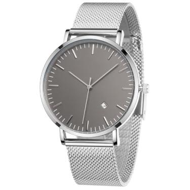 Imagem de TWOPTION Relógios masculinos elegantes minimalistas analógicos de quartzo à prova d'água para homens, pulseira de malha de aço inoxidável, relógio de pulso masculino com data automática, 85 prateado