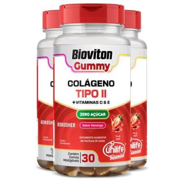 Imagem de Kit 3 Gummy Colágeno Tipo Ii Morango Unilife 30 Gomas