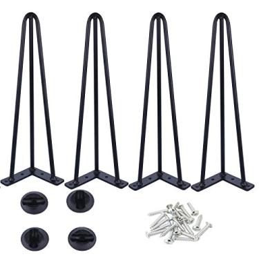 Imagem de Osring – Pernas de mesa de 35 cm com 3/8" de diâmetro 3 hastes, grampo de cabelo de metal do meio do século, 4 peças para mesa de café e banco de pátio, pés de grampo de cabelo preto com protetores de chão para projetos caseiros DIY