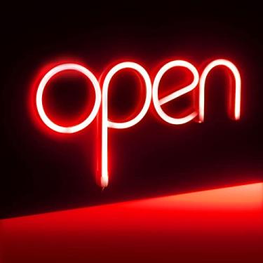 Imagem de Placa aberta neon LED, placa aberta de 35 x 18 cm, alimentada por cabo USB ou 3 pilhas AA, luzes de néon para festas, bares, salões, lojas, decoração de parede de hotel, placa de luz neon (vermelha)