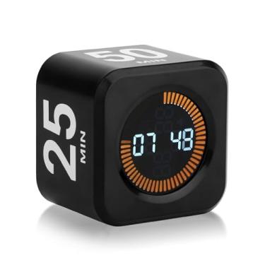 Imagem de Temporizador visual rotativo, cubo de temporizador de produtividade de mesa preto 5 10 25 50 minutos funções mudo predefinidas sensor de gravidade temporizadores cubo para trabalho, estudo, cozinha