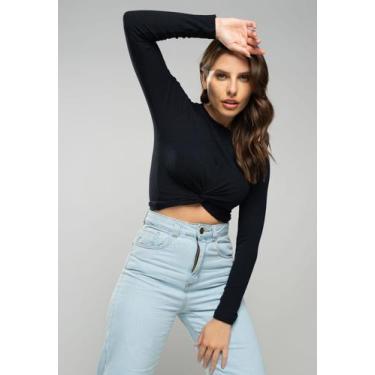 Imagem de Cropped Nó Manga Longa Canelada Preto Salvatore Fashion, Preto, P