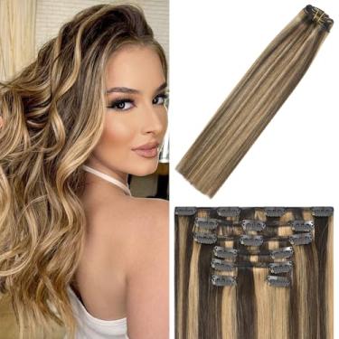 Imagem de Extensões de cabelo com clipe, balayage chocolate marrom a caramelo, extensões de cabelo loiro para mulheres, 38 cm, 70 g, cabelo humano loiro grosso e liso, cabeça inteira, 7 peças #4p27