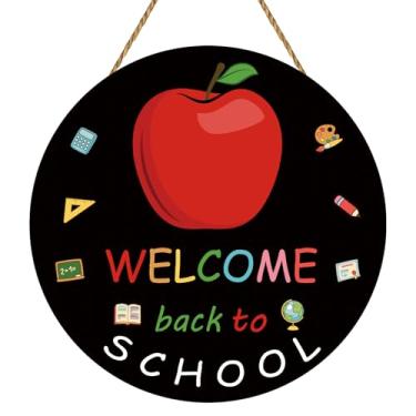 Imagem de Placa de boas-vindas de volta às aulas, decoração de porta de sala de aula, decoração de parede de maçã, guirlanda de madeira para o primeiro dia de aula, quadro de avisos, suprimentos para
