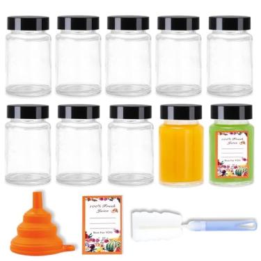 Imagem de Pacote com 10 garrafas de suco de 60 ml com tampas, garrafas de suco de vidro reutilizáveis, pequenos recipientes de bebida para líquidos, amostra, dose de bem-estar, açafrão, suco, bebidas DIY, com