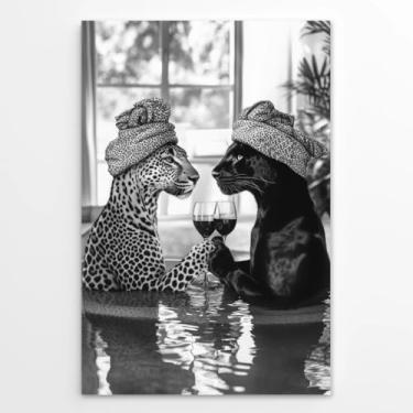 Imagem de Arte de parede leopardo preto e branco vintage Cheetahs & Panther Clink Wine Poster para decoração de carrinho de bar impressão animal estética para quarto, sala de estar, banheiro ou cozinha, 30 x 45
